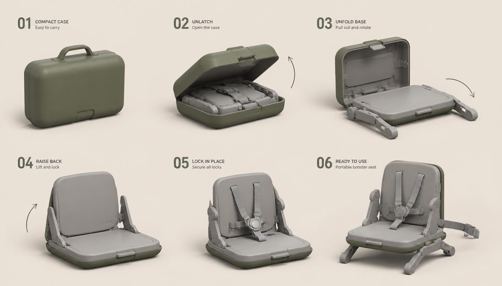 Concept sequence showing an OUTKIT case unfolding into a portable booster seat