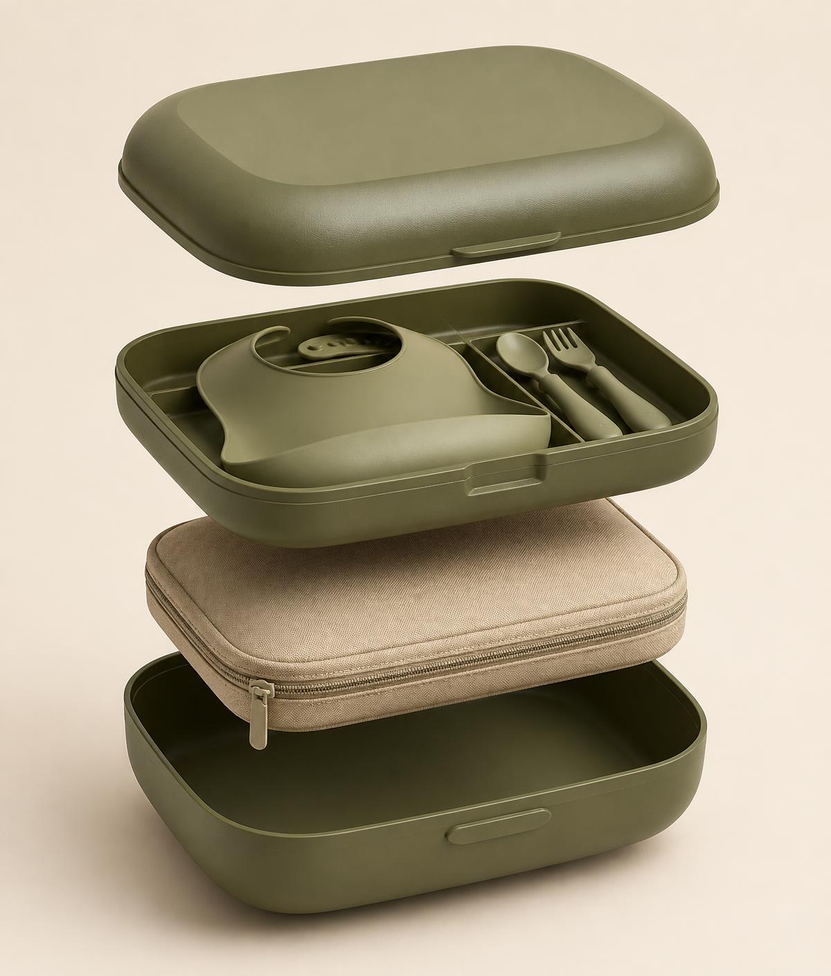 Exploded view of the OUTKIT case: lid, feeding tray, removable washable pouch and base