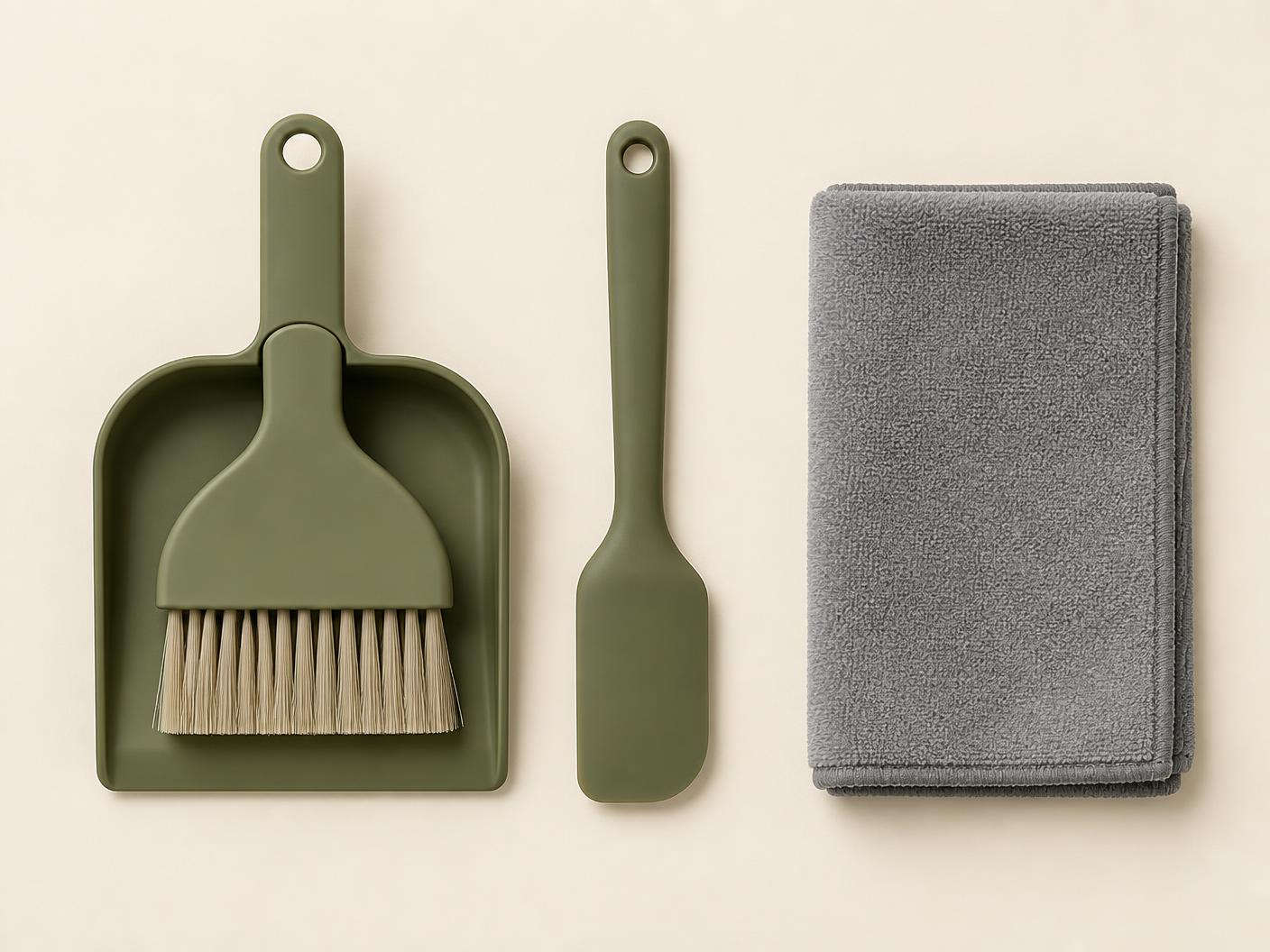 Compact dustpan with nested brush, food scraper and cleaning cloth