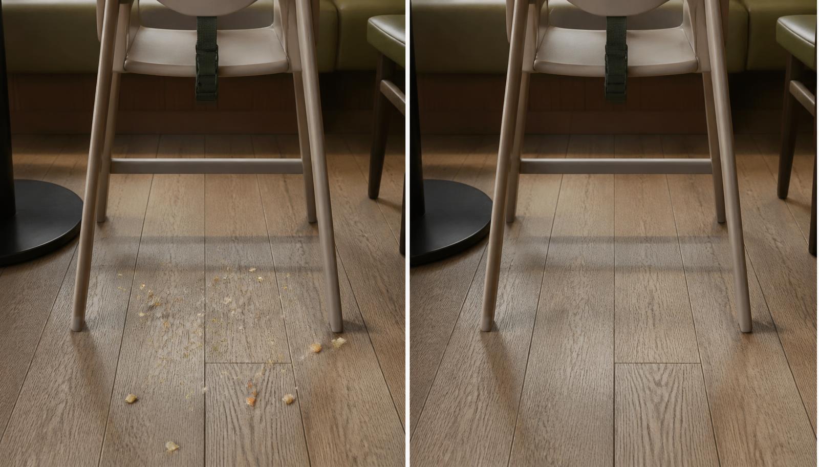 The floor under a restaurant highchair before and after clean-up